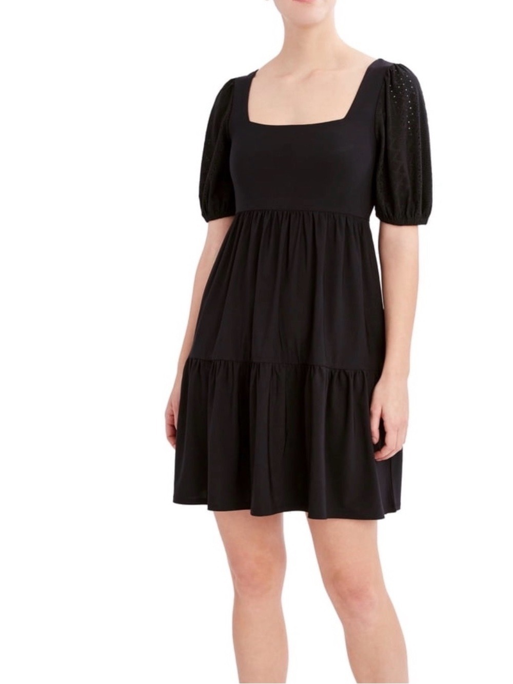 BCBG Paris Black Square-Neck Puff Eyelet Sleeve Tiered Mini Party Dress